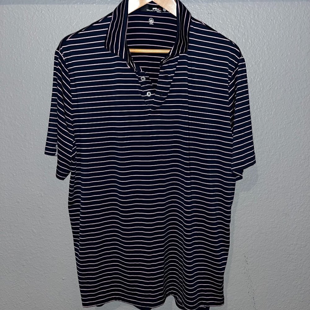 RLX RALPH LAUREN GOLF Polo Shirt Navy & Pink Striped - NWOT - Size Large